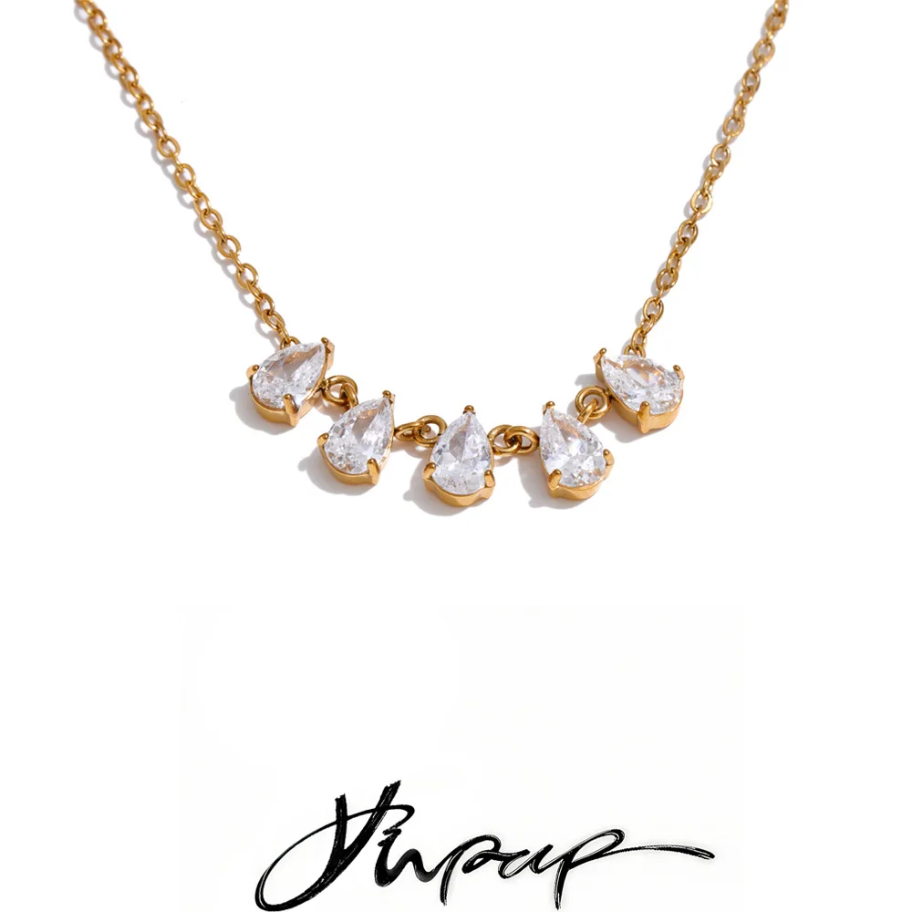 Yhpup Stainless Steel Shiny Cubic Zirconia Teardrop Drop Necklace High-Grade Delicate Fresh Collar Jewelry Glamorous Gift