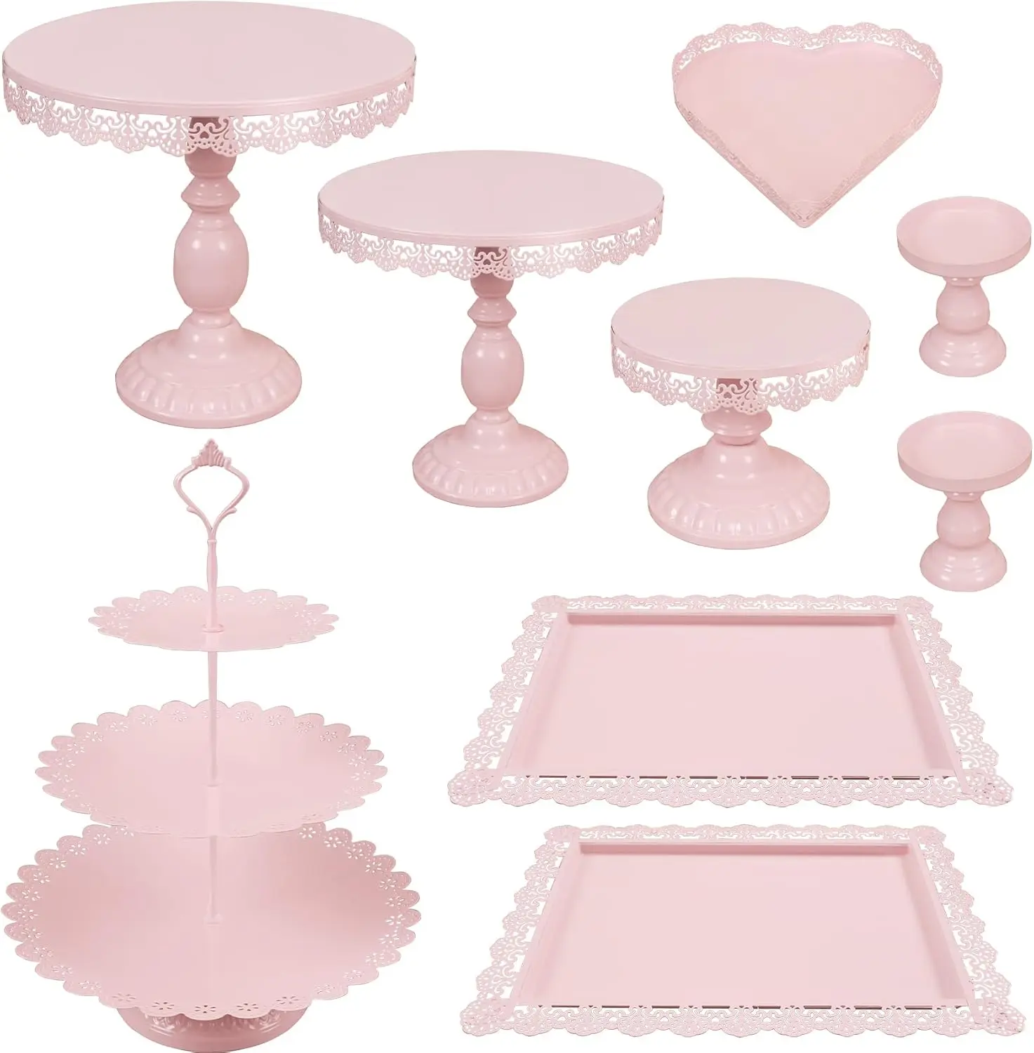 

9-Piece Metal Cake Stand Set for Dessert Display, Multiple Styles, Pink Color for Parties