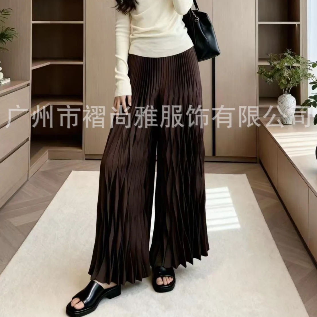 مياكي مطوي 2025 الخريف والشتاء جديد مطوي عالية الخصر بناطيل كاجوال ثنى موضة فضفاضة واسعة أرجل بنطلون أنثى