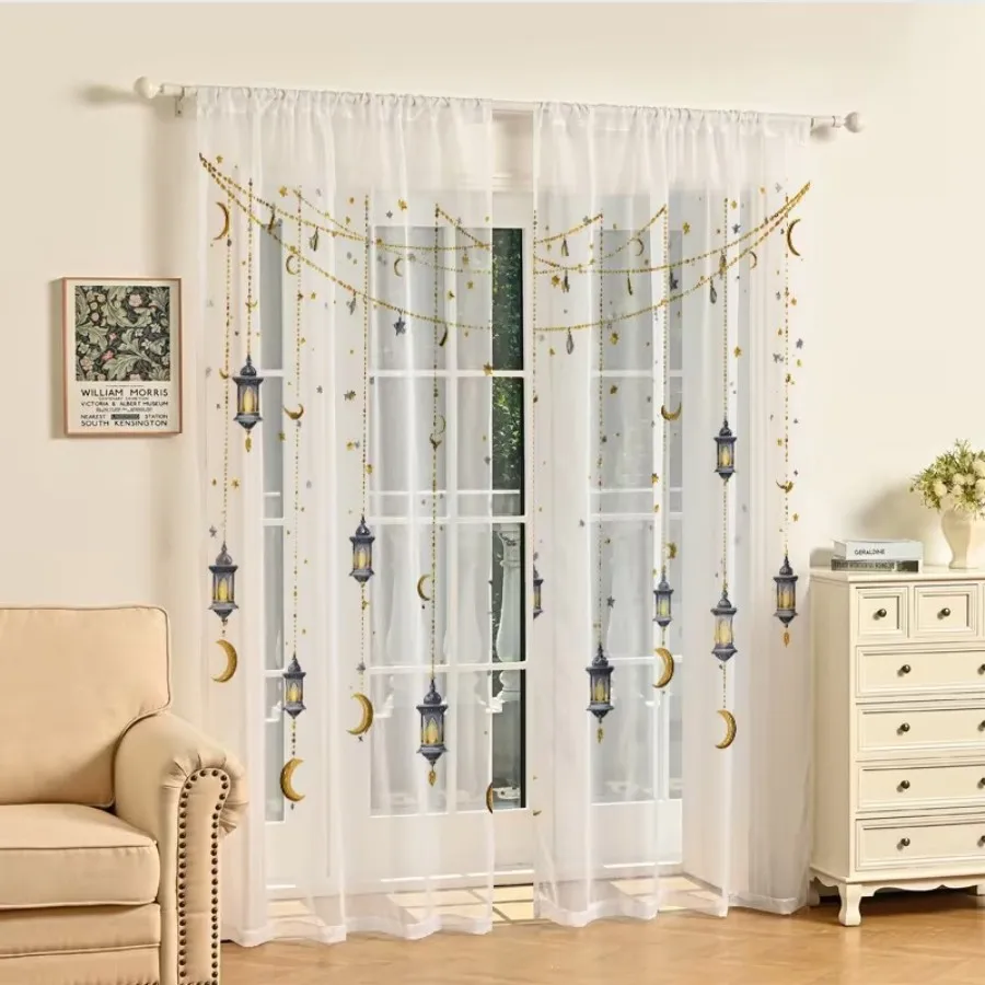 2PCS Digital Print Sheer Curtains, Star Moon Chandelier, Celestial Night Sky Elegant for Bedroom Living Room Home Decor