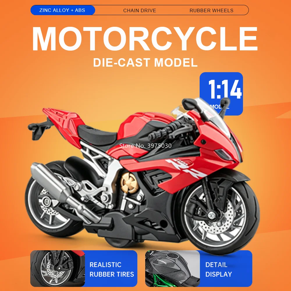 

1:14 Kawasaki H2R S1000RR V4S Motorcycle Car Diecast Alloy Model Toys Sound Light Shock Absorption Rubber Tire Vehices Boy Gifts