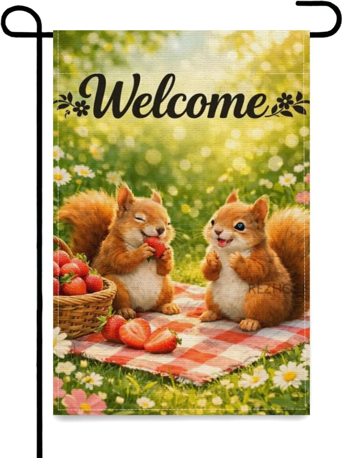 Fun Squirrel Welcom Garden Flag 12x18Inch Double Sided,Spring Summer Outdoor Yard Decor,Cute Animals Flowers Strawberries Pi PPZ