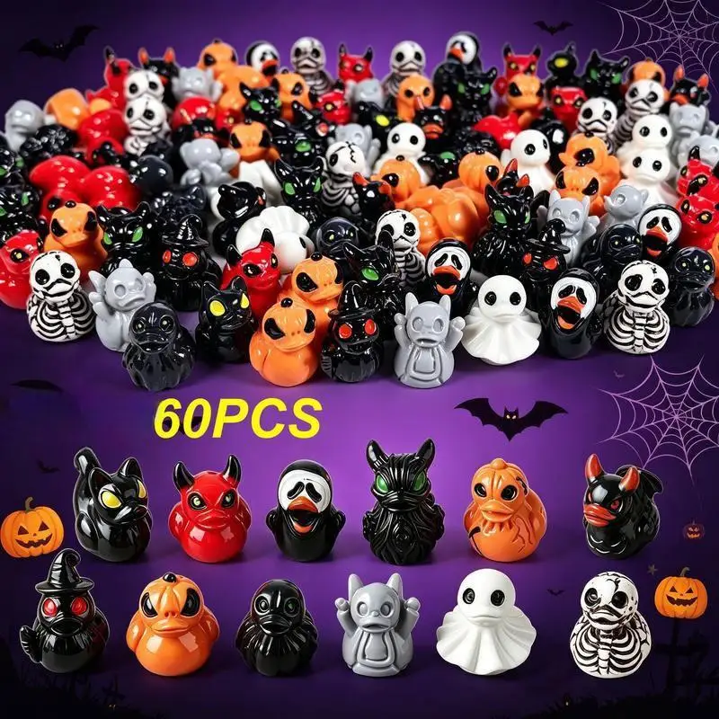 60 quirky mini resin duck figurines, incorporating devil, skull, and ghost designs, suitable for indoor desktops and patio lawns