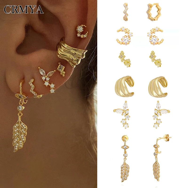 CRMYA Gold Plated Earrings Set Boho Style Cubic Zirconia Ear Cuff Stud Hoop Leaf Women\'s Dangle Earrings 2022 Jewelry Wholesale