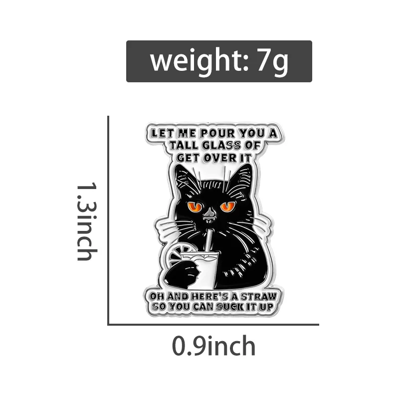 Black Cat Quote Enamel Pins Get Over It Brooches Lapel Badges Cool Cartoon Sarcastic Animal Jewelry Gift for Friends