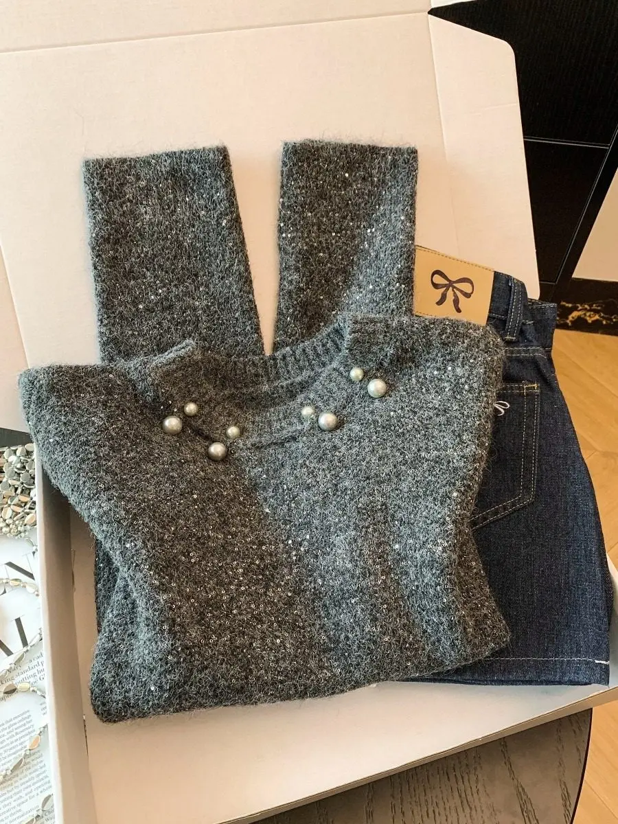 

Sweet Style Thickened Soft Cozy Knitted Sweater Women's Autumn Winter round Neck Overhead Pearl Decorated Grey Color Loose Fit