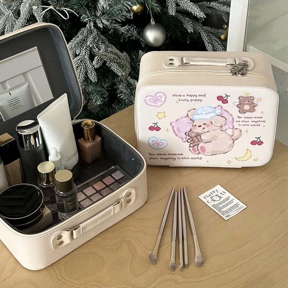

Portable Cute Print Makeup Box Square Shape With Handle Skincare Sorting Box PU Storage Suitcase