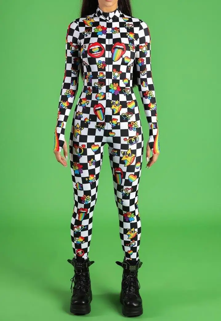Damen Punk-Print Jumpsuit mit Unregelmäßigen Linien für Erwachsene, Cosplay-Bodysuit für Halloween, Karneval, Party, Auftritt, Radsport, Catsuit, Romper – Detail 11