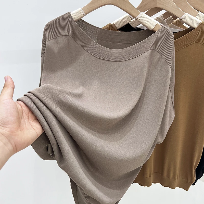 plus Size Women's One Shoulder Pure Color Ice Silk Knitted Short Sleeve T-Shirt Summer Loose Slim Batwing Sleeve Fashionable Top