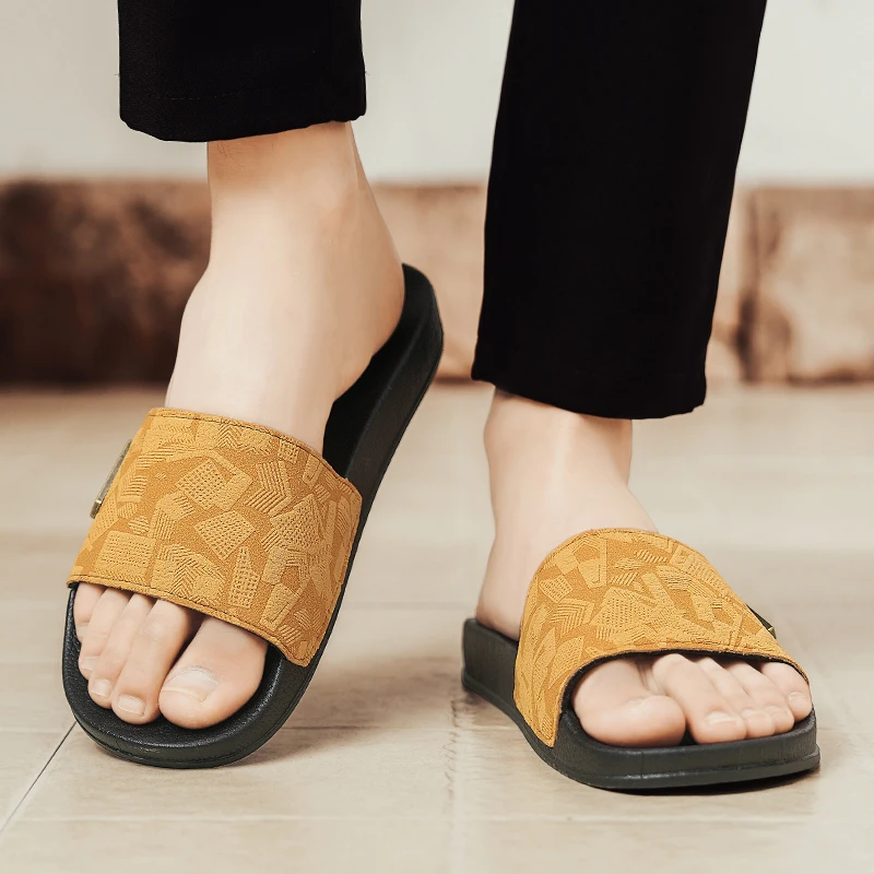 Simple Light Men Flat Open Toe Slippers Solid Slide Sandals All Match Indoor Home Outdoor Footwear