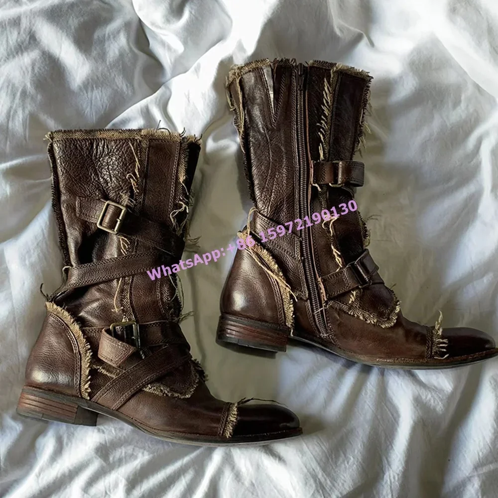 

Коричневые ботинки в стиле ретро, плиссированные боковые молнии, круглый носок, пряжка, ремень, ботинки до середины икры на массивном каблуке, женские рыцарские туфли Raw Edge