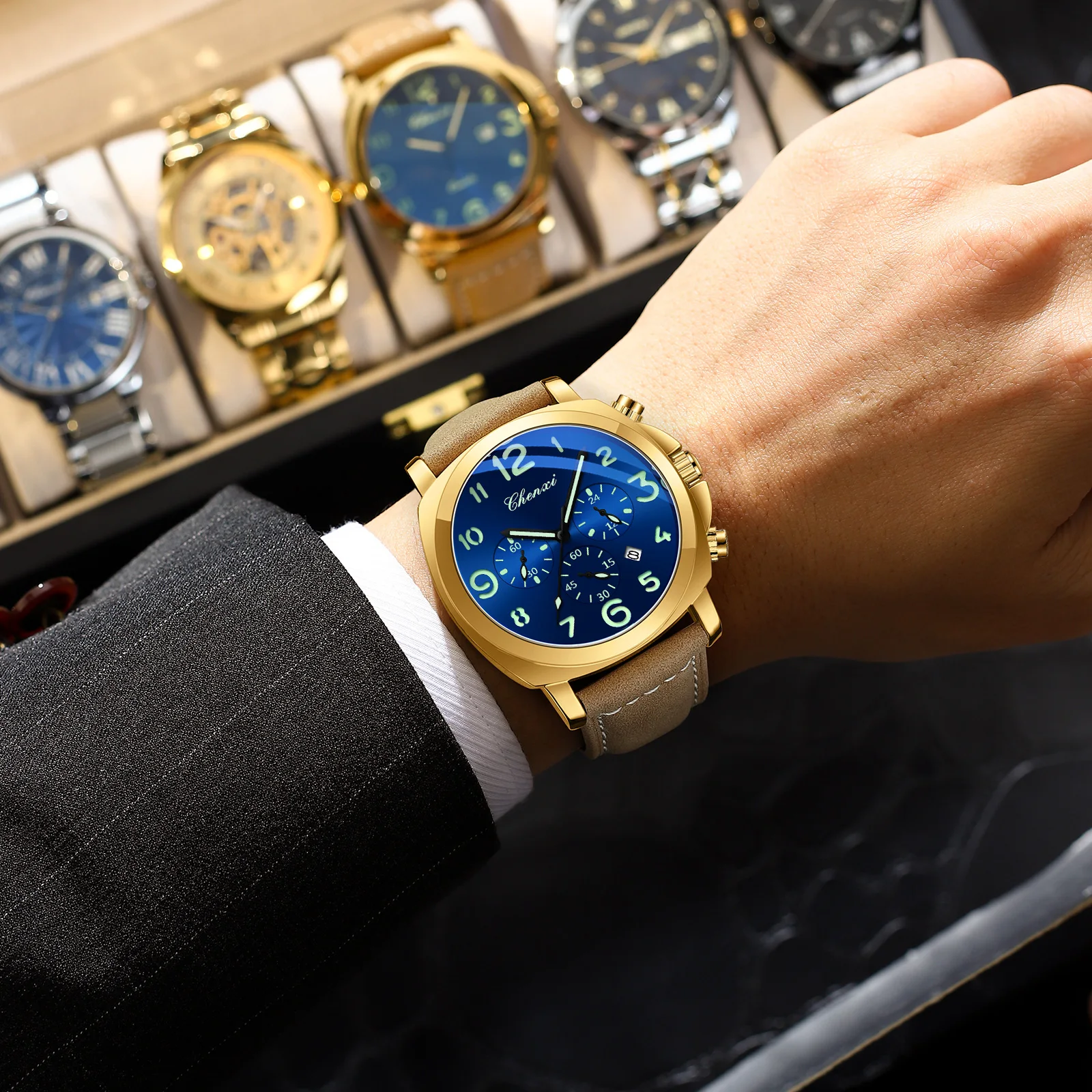 CHENXI ساعة رجالية متعددة الوظائف فاخرة ليلة ضوء الموقت ساعة اليد رجل حزام من الجلد 3Bar مقاوم للماء ساعات حركة الكوارتز #6