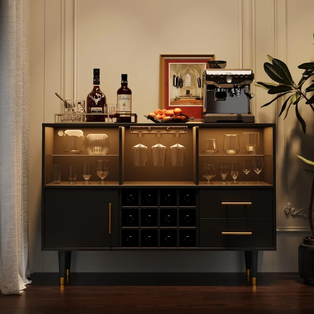 Bar Cabinet and Coffee Bar Table - LED Light Charging Station, Buffet Sideboard with Storage - Ideal for Buffets & Sideboards, L