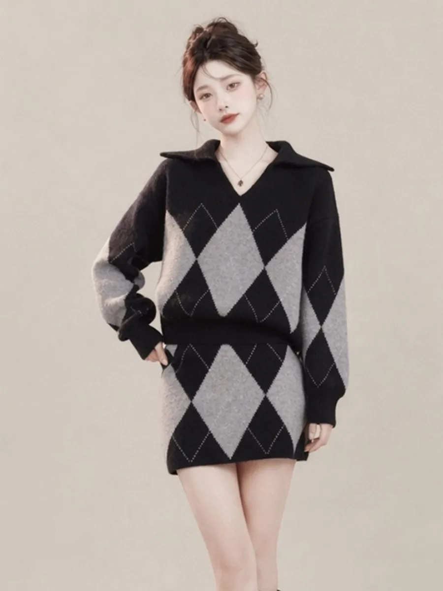 Autumn New Tracksuit Women Loose-Fitting Plus-Size Sweater Two-Piece Set with Fashionable Knitted Midi Skirts Sets