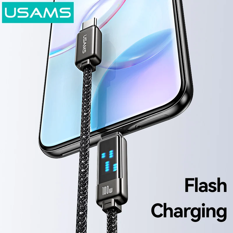 USAMS 100W Fast Charging Cable Type-C To Type-C Nylon Braided Data Cable Light Display for iPhone 15 Pro Samsung Xiaomi Huawei