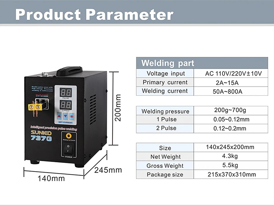 SUNKKO 737G Spot Welder 18650 Battery Pulse Welder 1.5KW Can Weld 0.15mm Pure Nickel Strip Pulse Welding Machine 110V 220V EU US