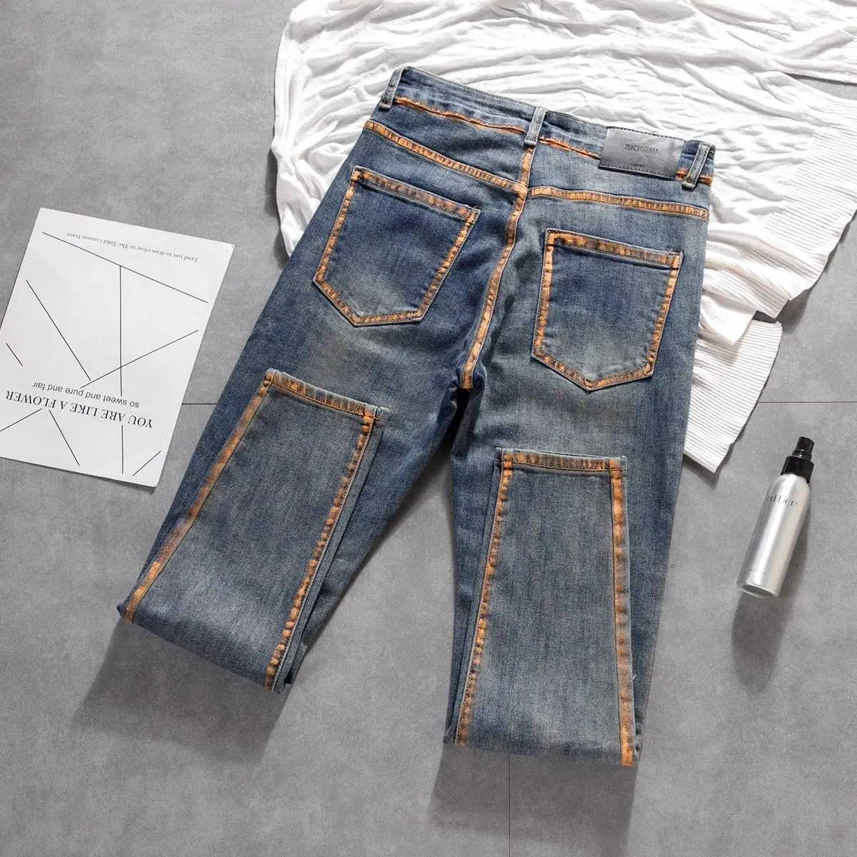 New Trousers Design Small Feet Elastic Slim Jeans High-end Casual Pants New Korean Work Original Paint Printing Trousers Man