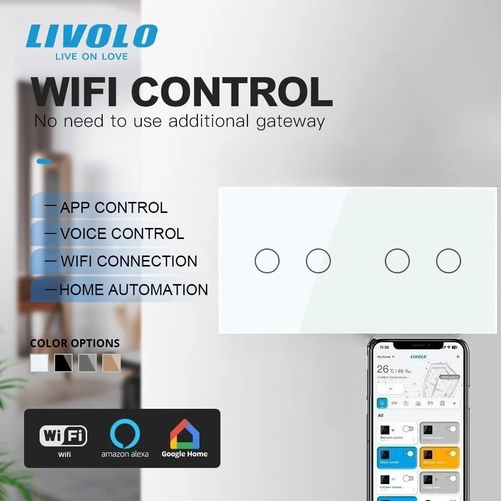 Livolo EU Standard Wifi Touch Wall Switch,Luxury Tempered Glass Panel,4 Gang 1 Way APP Control Support Alexa Google Home