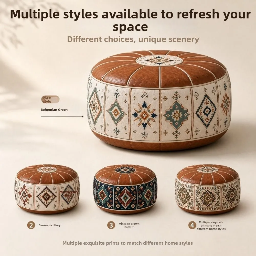 New Boho Pattern Ottoman Pouf PU Leather Fillable Design Footstool Cover Large Opening Water Resistant Round Pouf Cover Home Use
