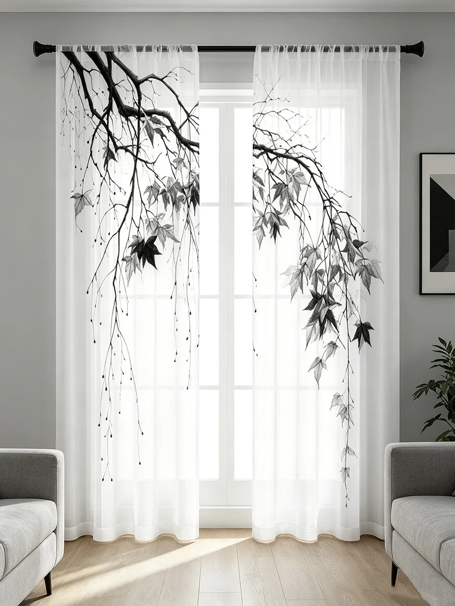 2PCS Digital Print Sheer Curtains, Ink Wash Black Tree Branch Pattern, Chinese Style Drapes for Living Room Bedroom Study Decor