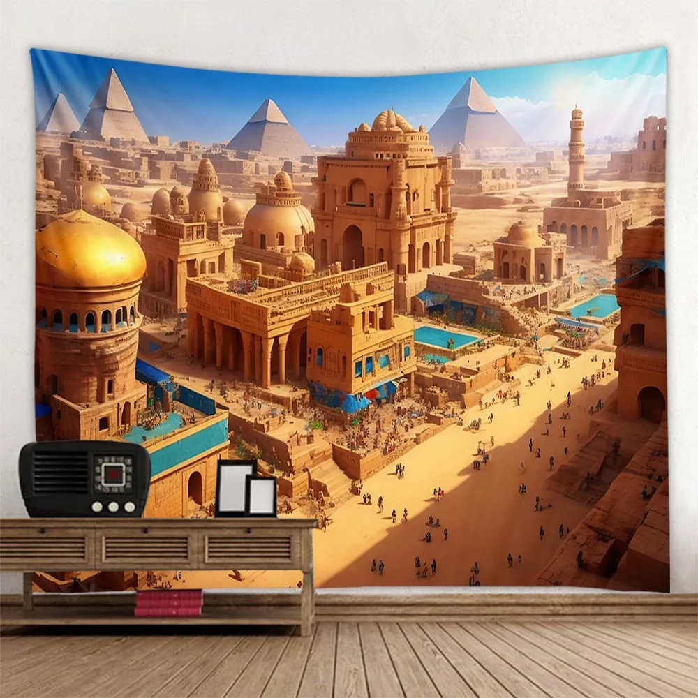Dreamy Pyramid Tapestry Colorful Egyptian Ancient City Wall Hanging Fabric Painting Suitable for Home, Office, Party Decoration