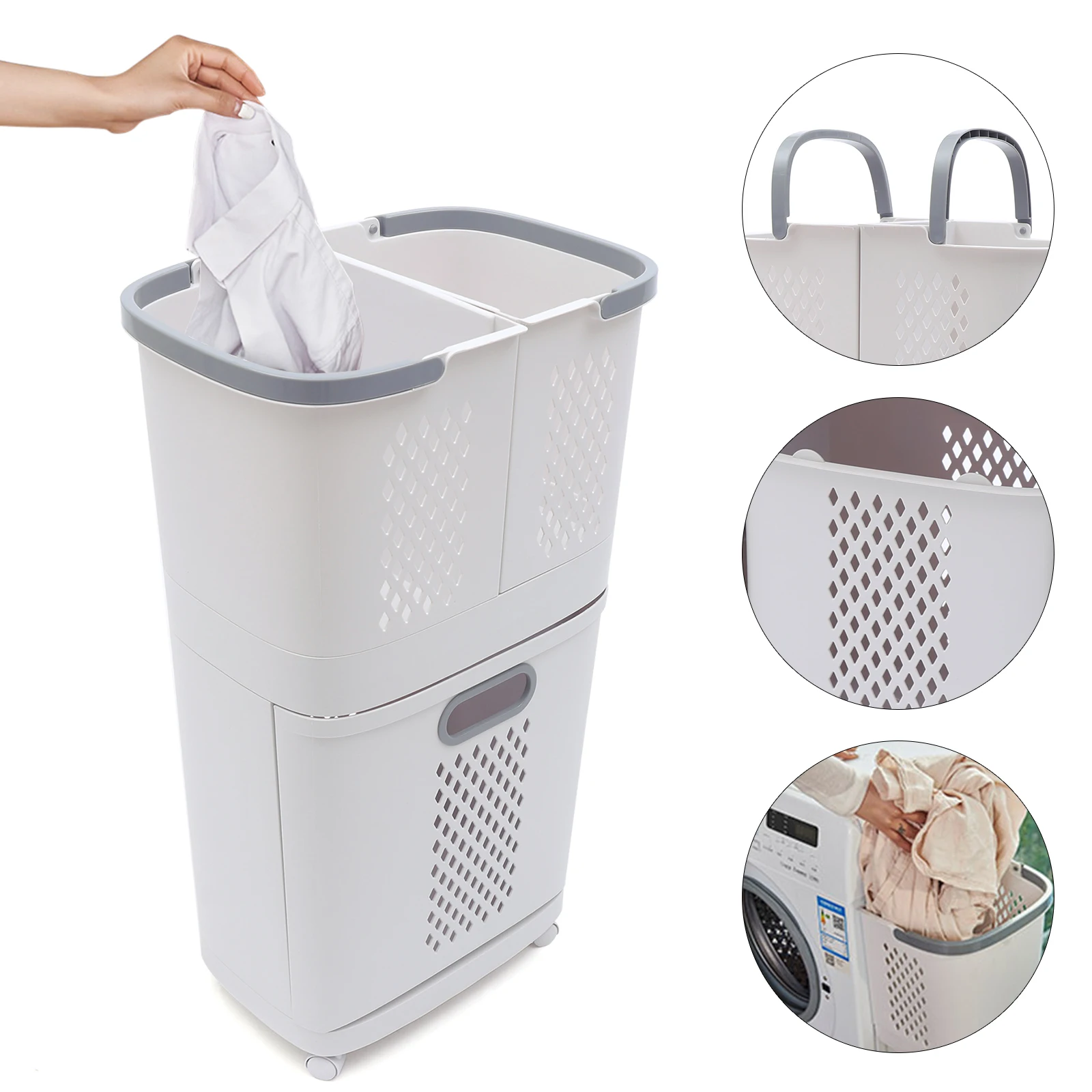 

3-Tier Laundry Storage Basket W/ Wheel Bathroom Clothes Basket Household Hamper