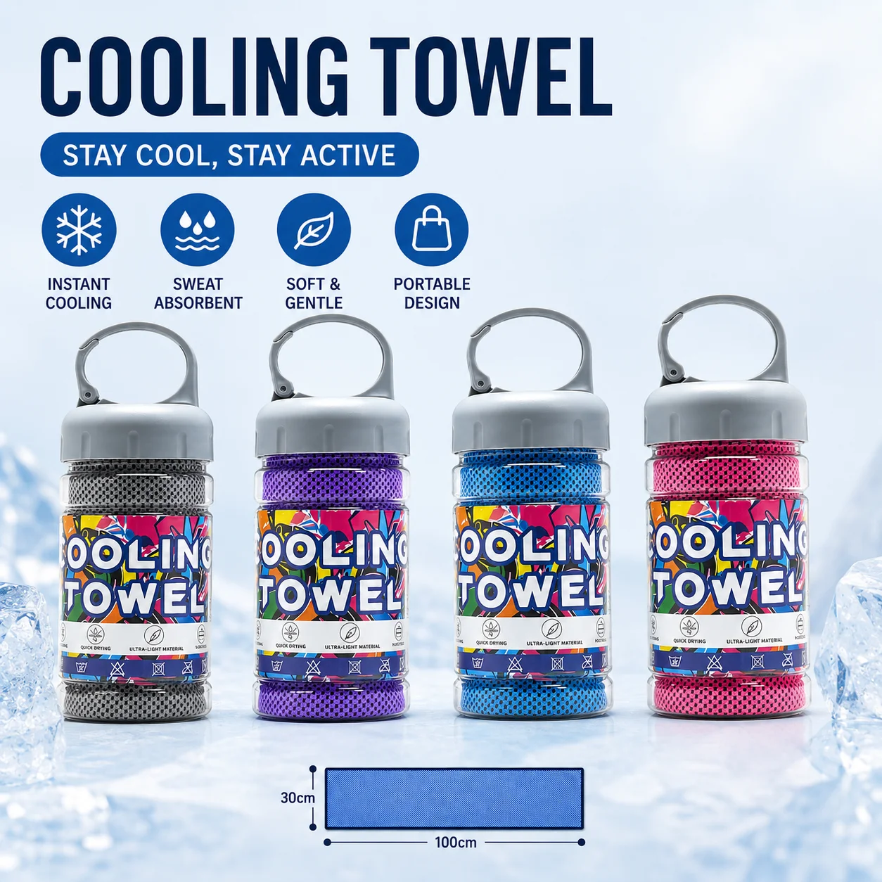 30*100cm Cooling Ice Towel with PE Storage Bucket Portable Quick Dry Chilly Towel Sweat Wicking Sports for Running Fitness