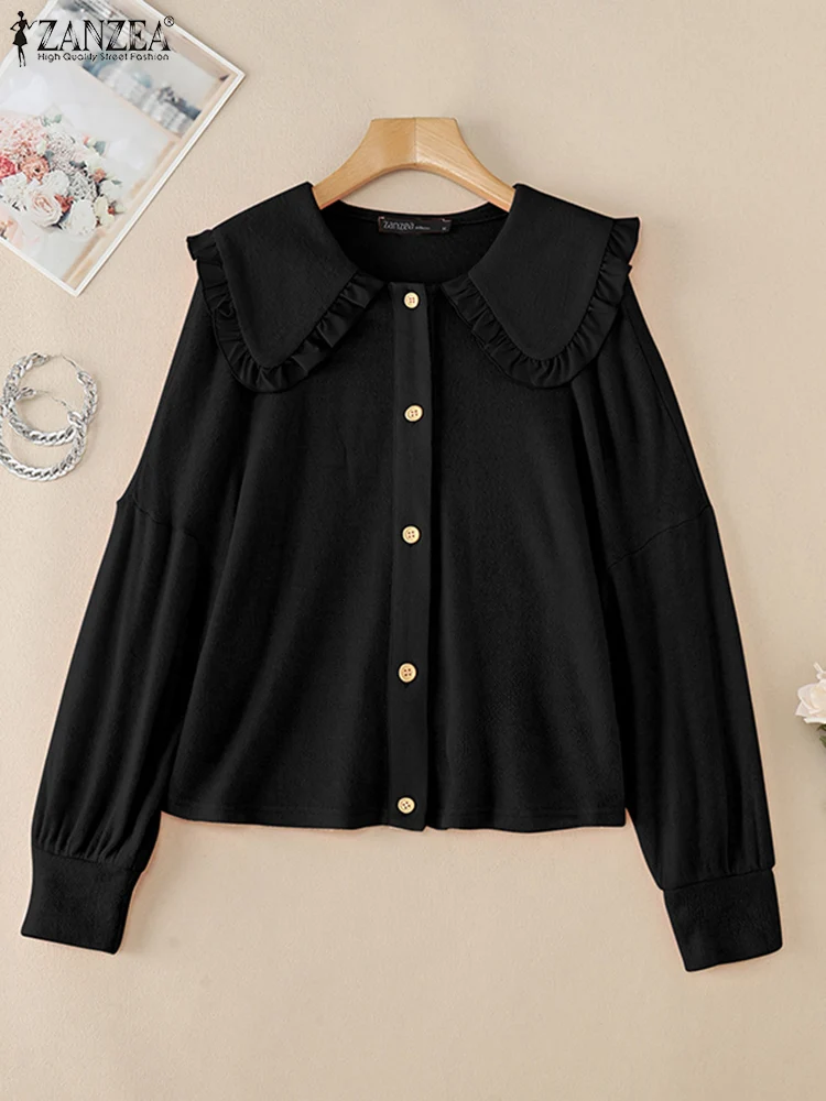 

ZANZEA Spring Women Blouse Elegant Long Sleeve Ruffles Shirt Knitted Cardigans Loose Blusas Stylish Buttons Down Holiday Tops