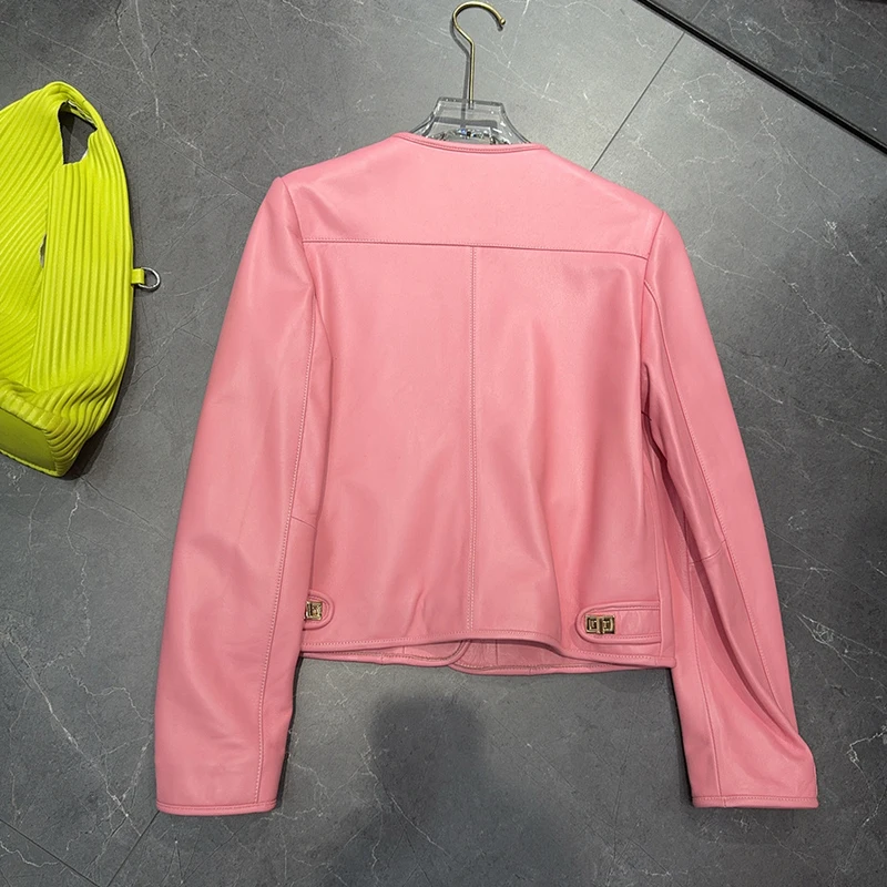 Hoge luxe lederen jas dames korte jas met enkele rij knopen chique dames O-hals lange mouw slanke schapenvacht jas uitloper