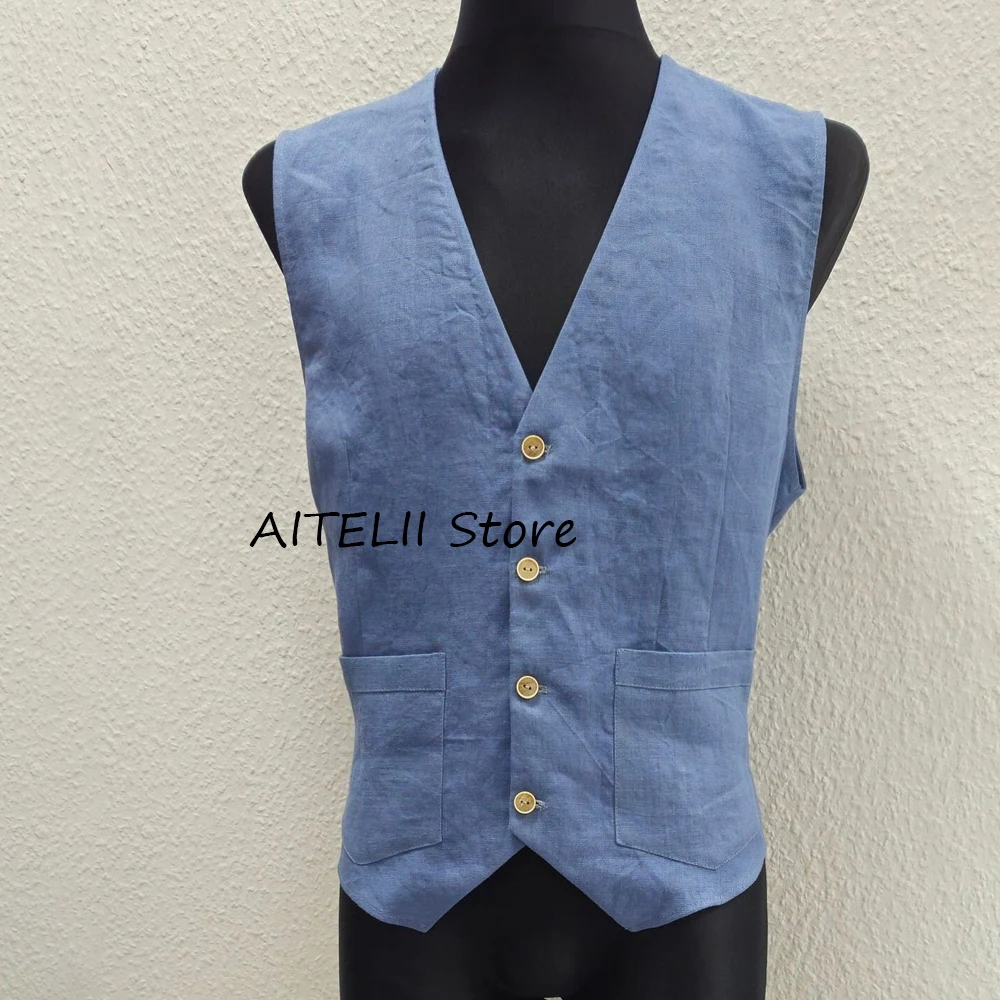 

Мужской льняной жилет, повседневный тонкий элегантный жилет с двумя карманами, мужские однобортные жилеты, жилет, рабочие летние костюмы, блейзер, одежда