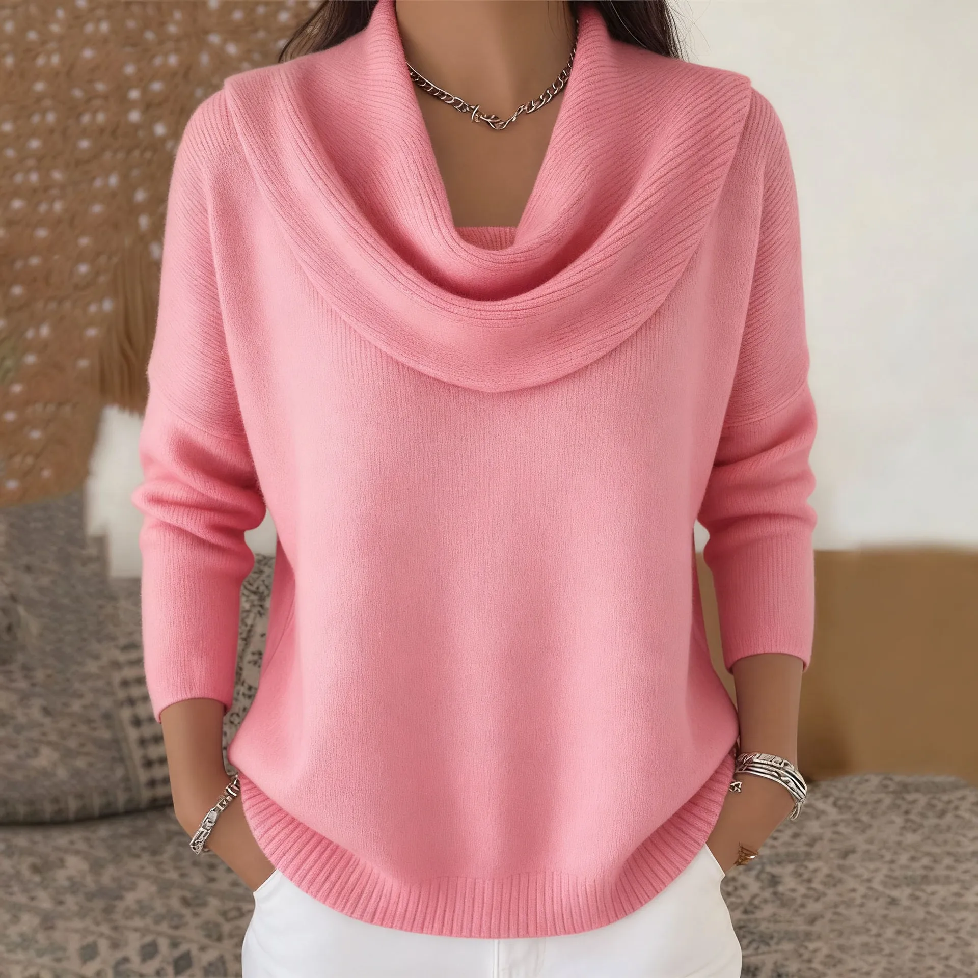 

New Women's Autumn Winter Tops Solid Color Versatile Casual Daily Commuting Style Clothes Knitted Long-sleeved U-neck Sweater