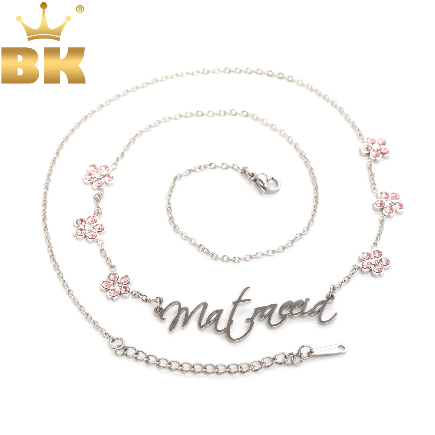 

THE BLING KING индивидуальное имя из нержавеющей стали с маленькой цепочкой с розовыми цветами, ожерелье с персонализированными буквами, лучшее для женщин и девочек