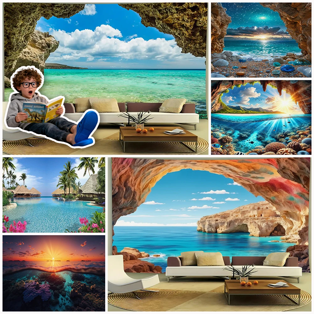 

Summer Beach Party Backdrop Scenery Painting Hawaii Sunshine Seaside Holiday Natural Landscape Cave Background Photo Props Gifts