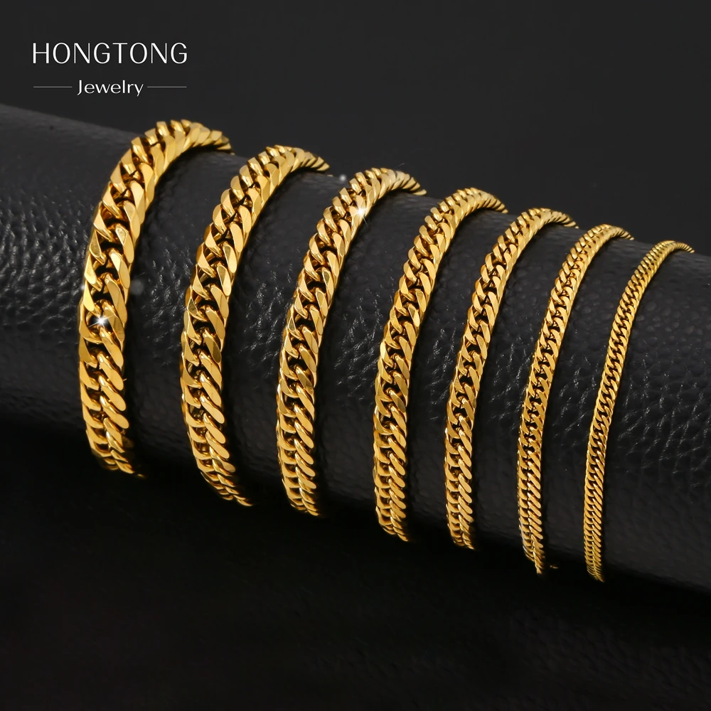 HONGTONG Chunky Miami Curb Chain Bracelet for Men Stainless Steel Cuban Link Chain Wristband Classic Punk Heavy Male Jewelry