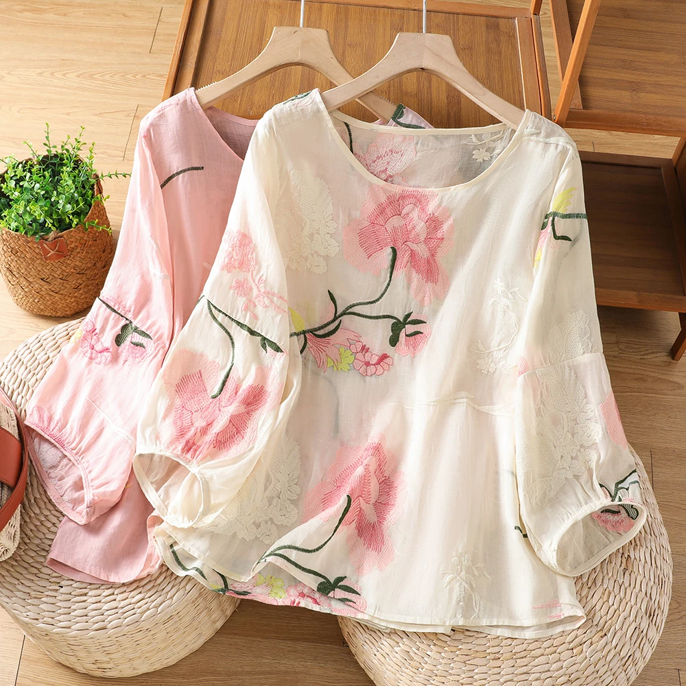 

Loose Fashionable Chinese Style T-Shirt Women's plus Size Summer New Arrival Embroidered Base Shirt Top Korean Version
