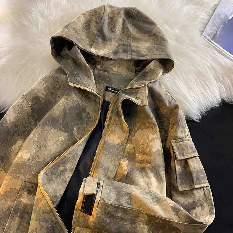 

Мужское камуфляжное летное пальто Jaet, весеннее уличное американское ретро свободное длинное пальто с капюшоном на молнии све, молодежное пальто