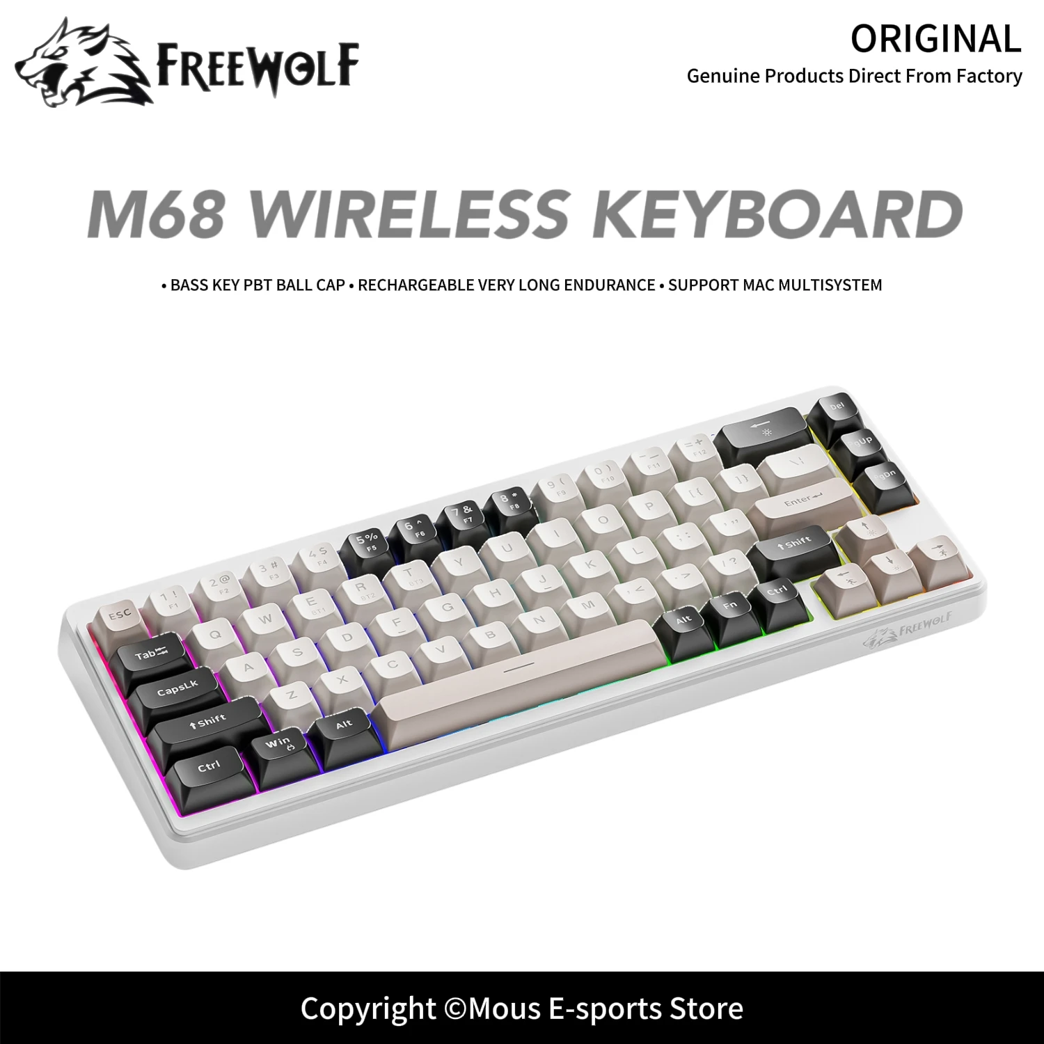 M68 Wireless Gaming Office Keyboard 68-Key FREEWOLF RGB Compact Keyboard PBT Ball Caps Ergonomic 2000mAh Battery for E-Sports