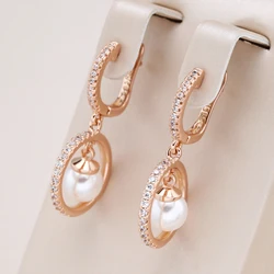 Kinel Luxury Pearl Long Drop Earrings For Women Trendy 585 Rose Gold Easy Matching Dangle Earring Fine Wedding Daily Jewelry