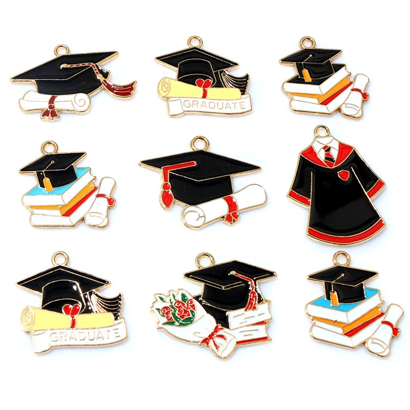 10Pcs Enamel Graduation Hat Charms Pendant for Necklaces Earrings DIY Jewelry Making Decorations Accessories Findings