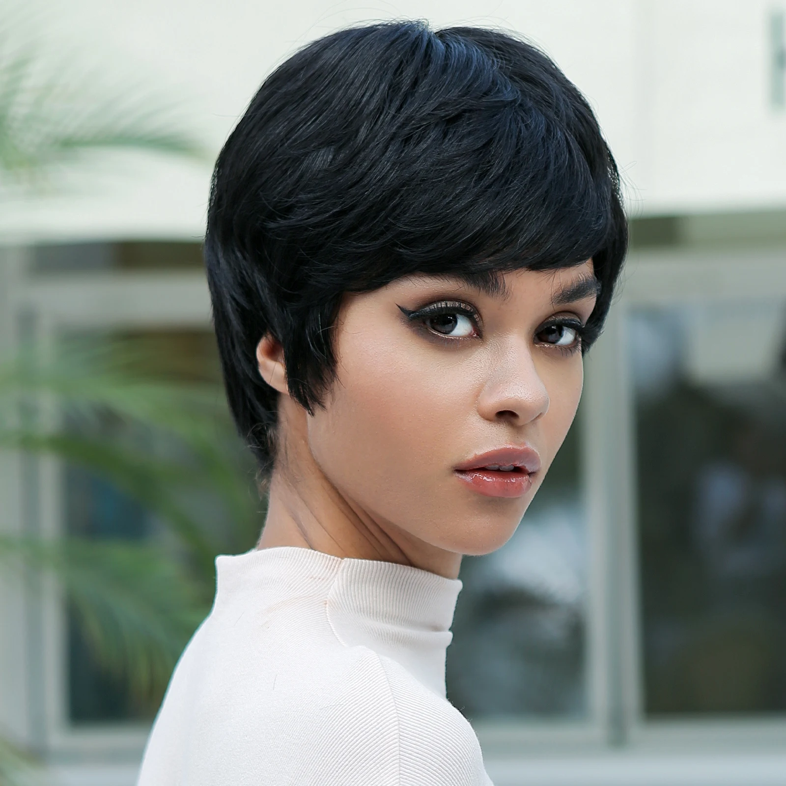 Echthaar Perücke mit Pony schwarz kurz gerade Pixie Cut Haare Remy Echthaar Maschine Perücke für Afro Frauen Perücke leimlos gemacht