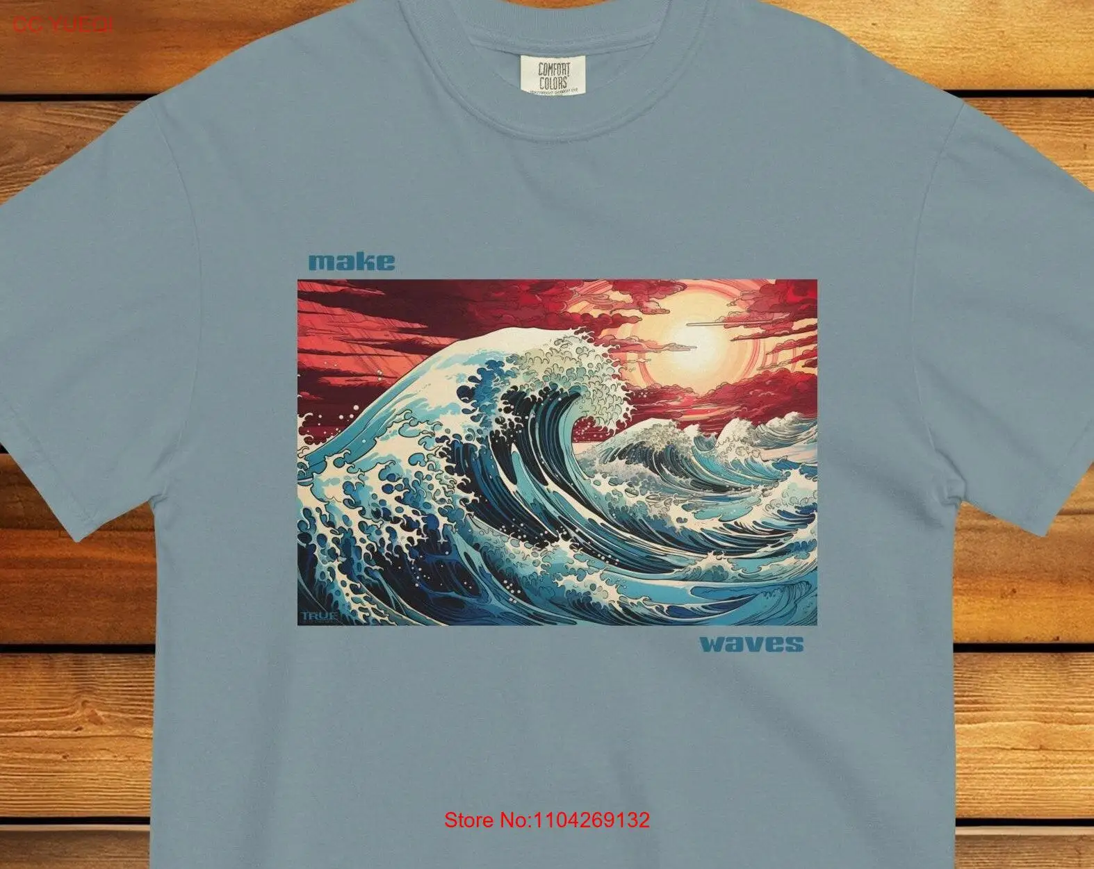 Make Waves Tsunami T Shirt Garment dyed Comfort Color heavyweight cotton featuring Japanese style wave against vibrant red