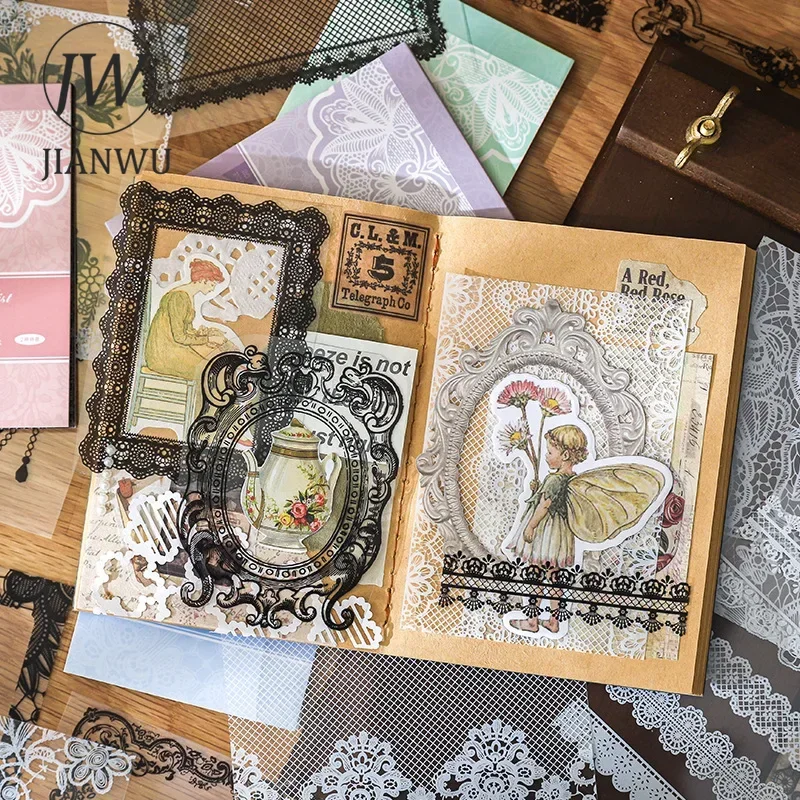 JIANWU Star Lansha Series Vintage Lace Border Landscaping Material Collage PET Sticker Book Creative DIY Journal Stationery