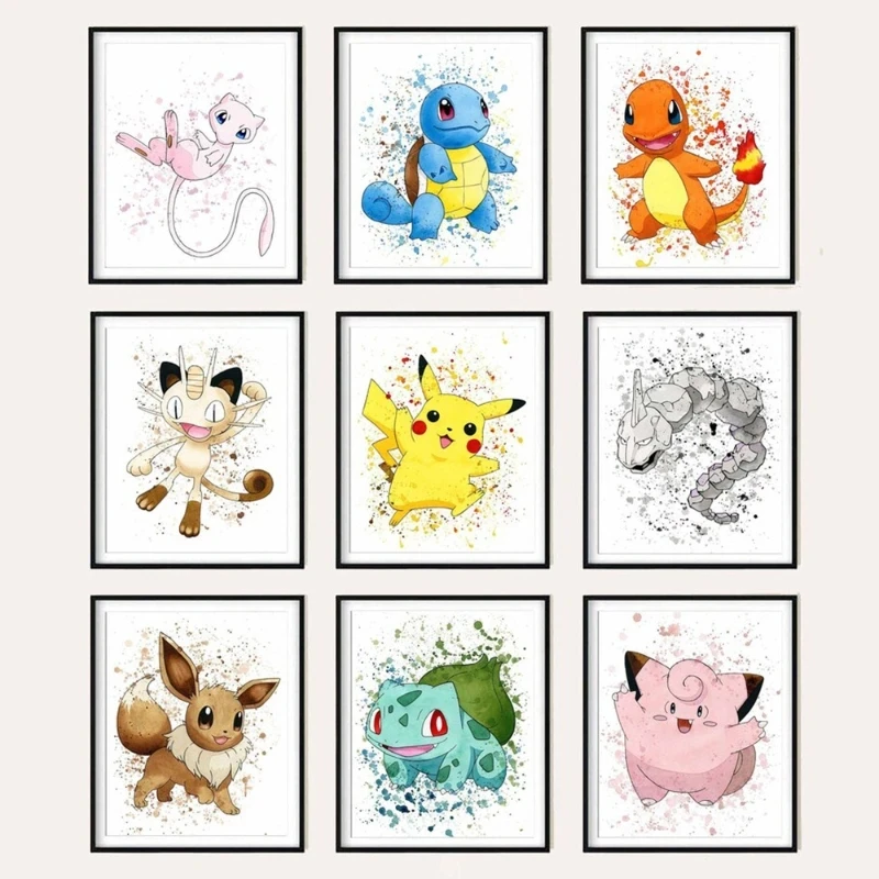 Pokemon Anime Poster Pikachu Watercolor Art Background Wall Mural Charizard Scroll Painting Children's Toys Christmas Gifts Toy