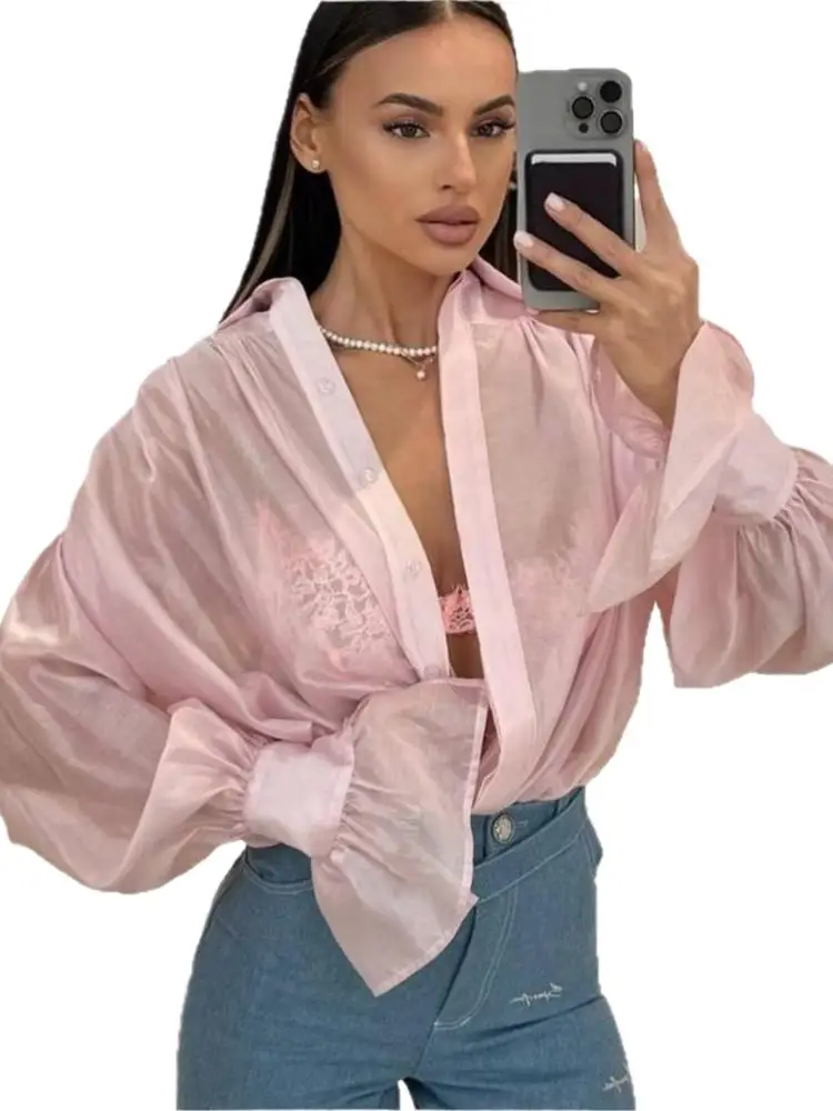 Flare Sleeve Solid Color Top Women See Through Single Breasted Blouse 2025 Fashion Casual Lapel V Neck High Street Female Shirt