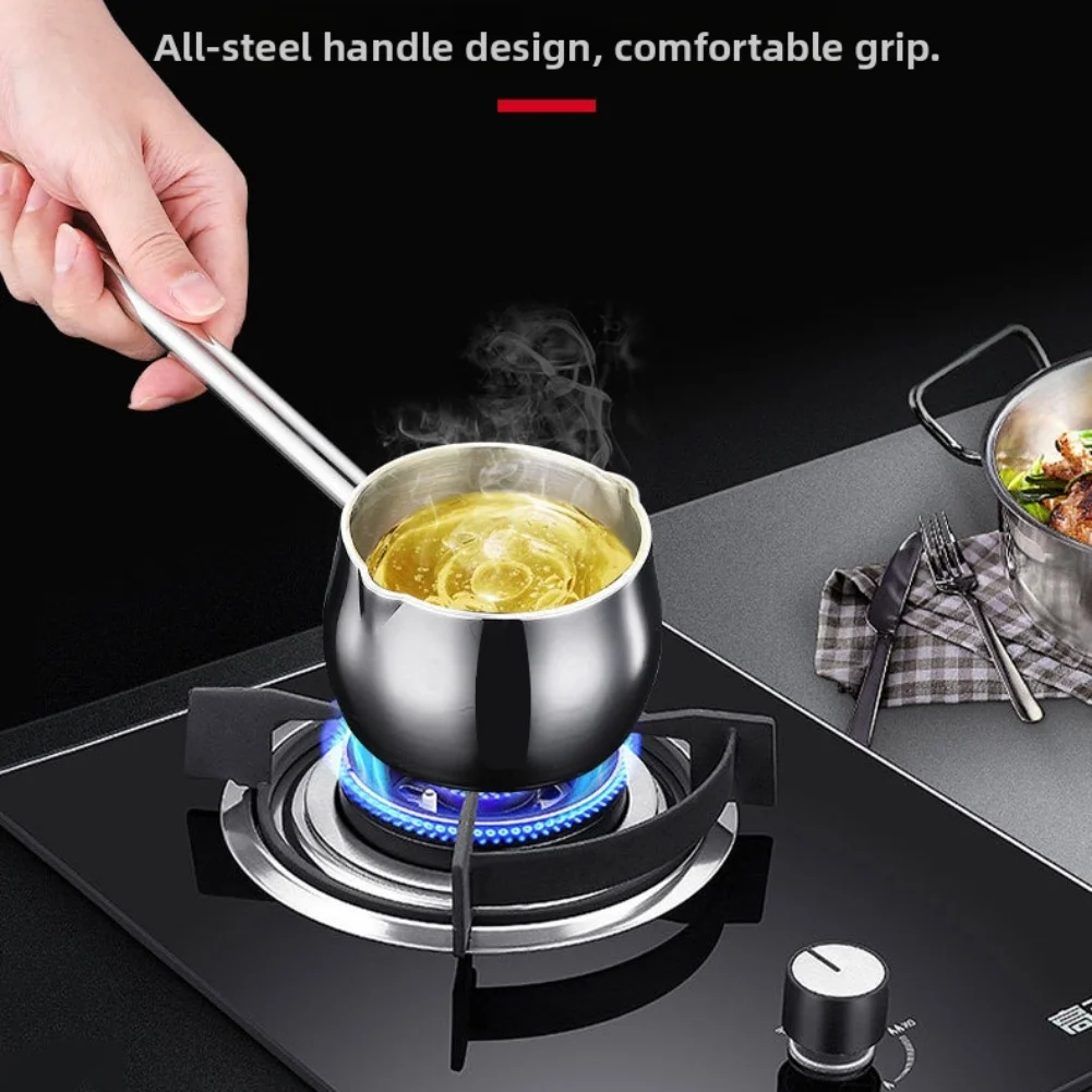 

Мини-подогреватель масла из нержавеющей стали с длинной ручкой, противень для молока, противень для масла с плоским дном из нержавеющей стали, 10 унций/300 мл, кухонный инструмент