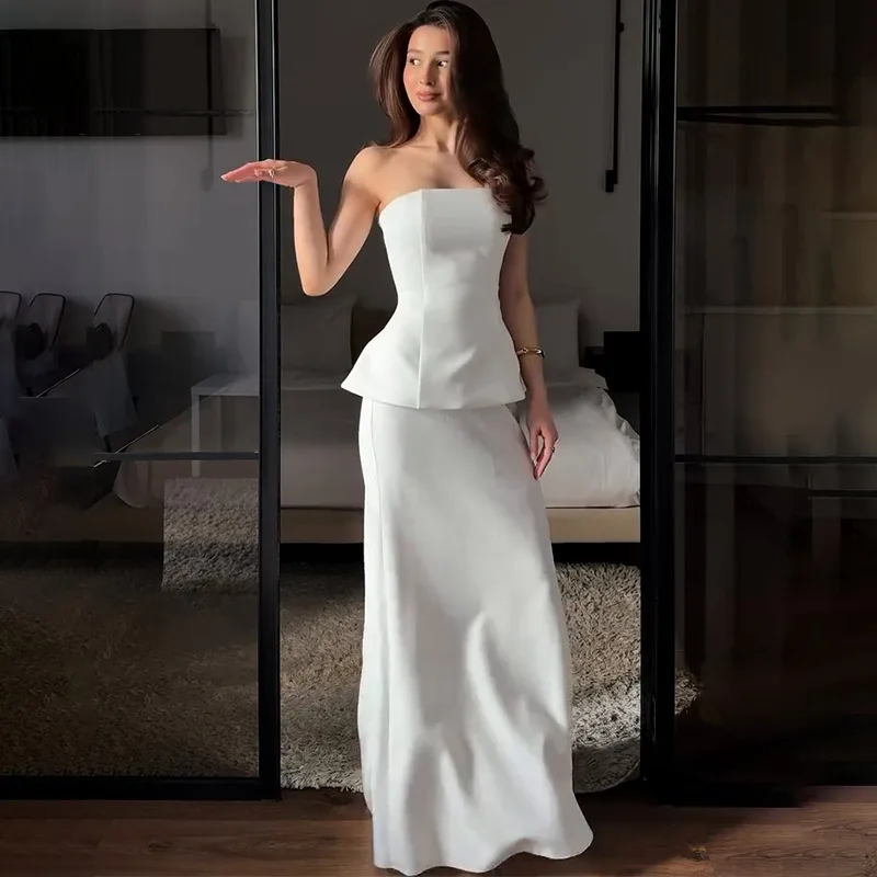 

2025 women's new solid color sleeveless tube top, hip-wrapped long skirt set Z038