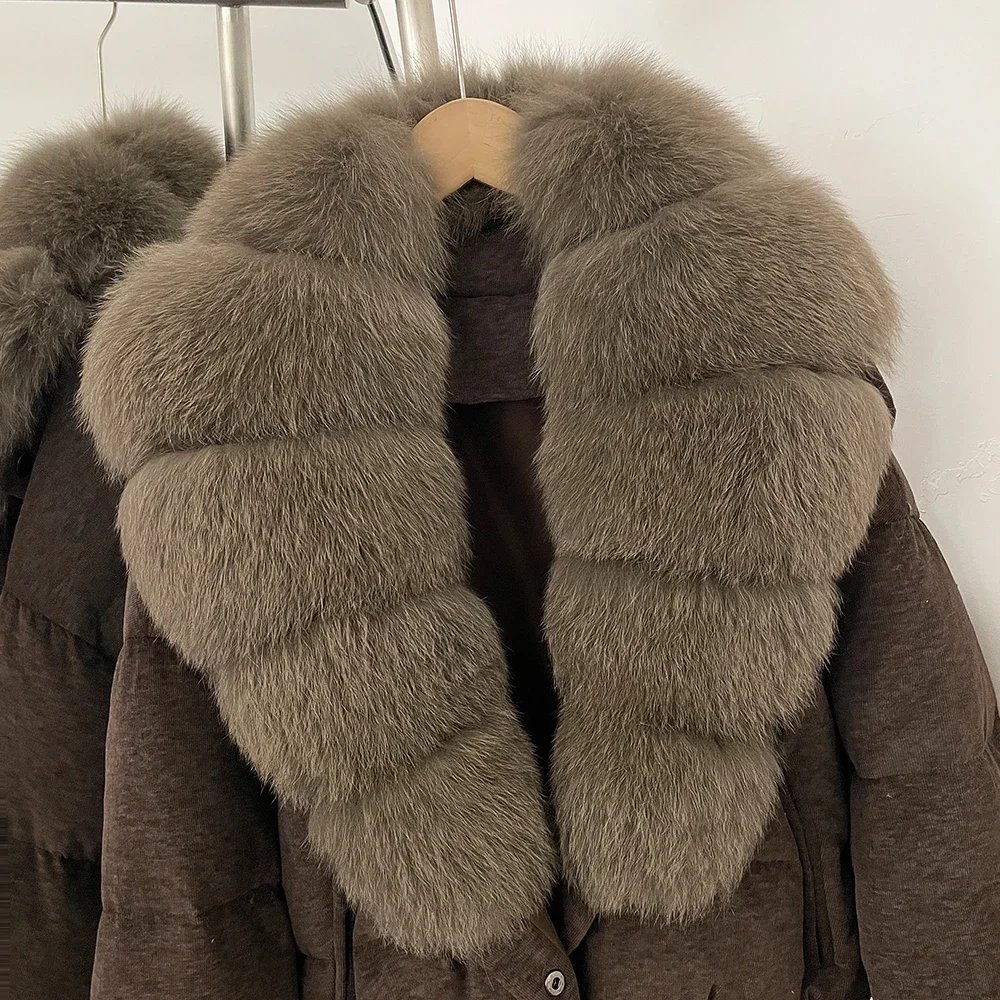 OFTBUY Neue Winterkleidung Übergroßer Echter Fuchspelz Kurzer Daunenmantel Damen 100% Baumwolle Waschbärpelz Entendaunen Pufferjacke Frauen – Detail 4