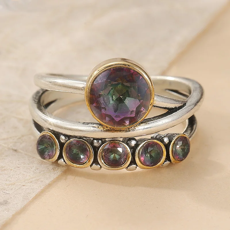 Vintage Silver Color Inlaid Multicolored CZ Surround Women's Ring Geometry Daily Wear Party Jewelry