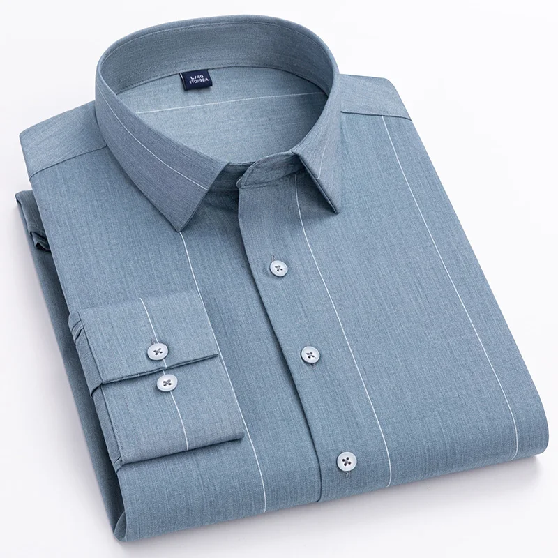 Camisa elástica de fibra de bambú para hombre, camisa de manga larga antiarrugas, transpirable, suave, ajuste estándar, a rayas, informal, de