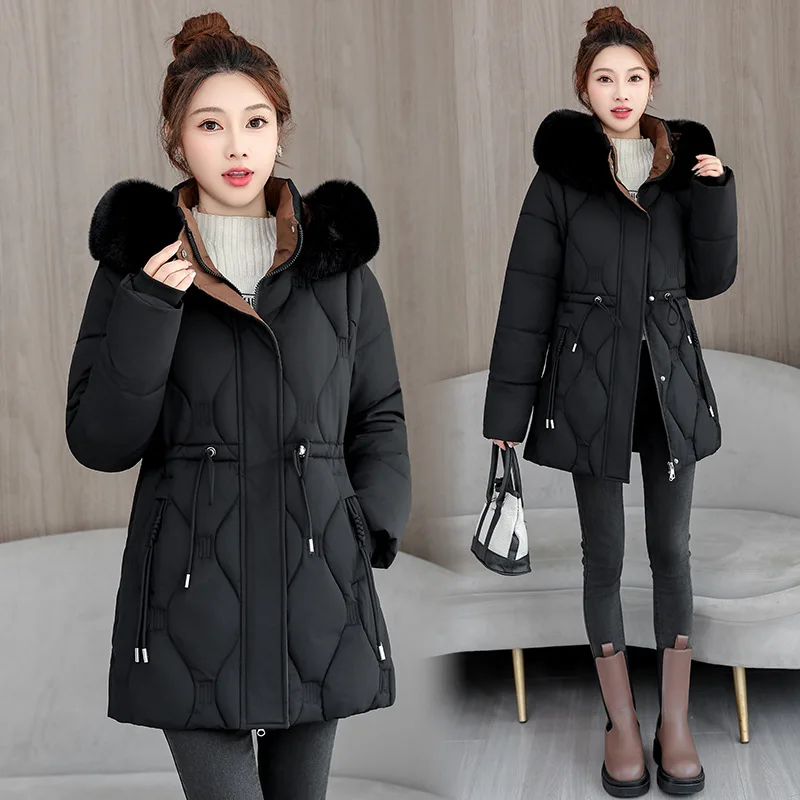 Removable Sleeve Cotton Clothes Women Mid Long Winter Jacket 2025New Fashion Waist Thicke Warm Cotton-padded Jacket Female Parka